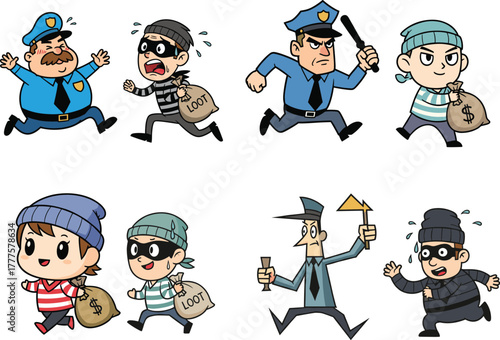 Cartoon police officers and thieves character set, law enforcement and robbery illustration, funny criminal vector design for children, comics, stickers, and playful media