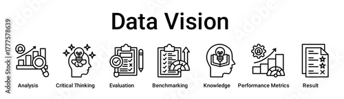 Data Vision banner web icon vector illustration concept for education with icon of Analysis, Critical Thinking, Evaluation, Benchmarking, Knowledge, Performance Metrics.
