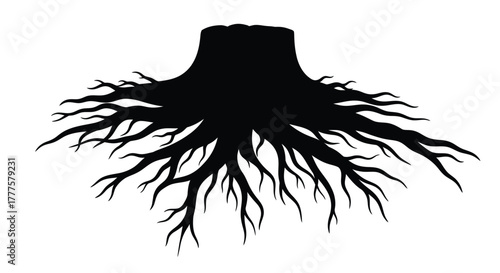A clean, black silhouette of a tree stump with exposed roots 