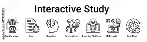Interactive Study banner web icon vector illustration concept for education with icon of Gamification, Quiz, Cognitive, Personalized, Learning Platform, Multimedia, Real.