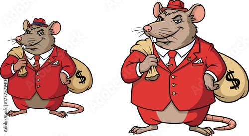 Cartoon rat character illustration, red suit with money bag, sly expression, anthropomorphic animal, vector clipart, mascot design, storytelling asset