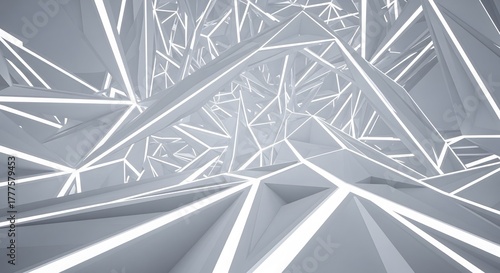 Fototapeta Naklejka Na Ścianę i Meble -  A clean, bright, and abstract corridor made of white geometric triangles with glowing lights. A futuristic architectural background representing progress and innovation.