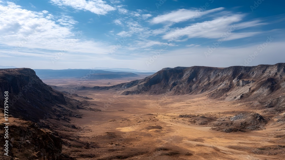 Fototapeta premium Expansive volcanic caldera with steep rugged walls and barren arid terrain under a bright blue sky with scattered clouds