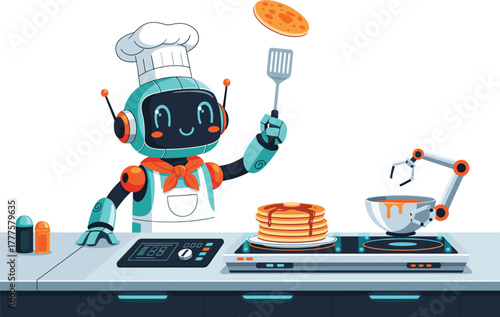 Cartoon robot chef illustration cooking pancakes in futuristic kitchen, playful AI character vector with spatula, apron, digital controls, and food technology theme