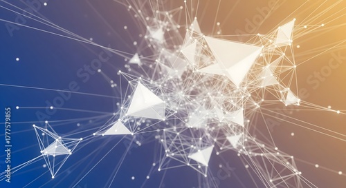 A complex network of connected white nodes and lines on a warm background. A concept for global networks, data science, communication, and technology.