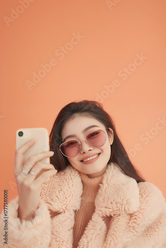 Young woman with sunglasses taking a selfie in a cozy pink fur coat against an orange background