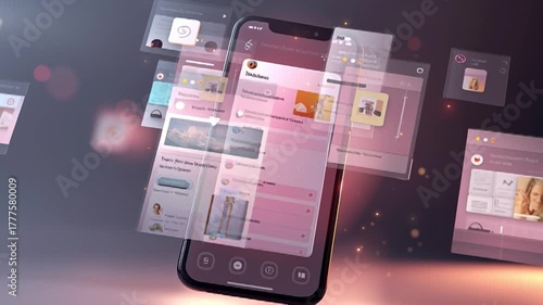 Modern smartphone displaying multiple floating app screens with vibrant colors and smooth design at an abstract background