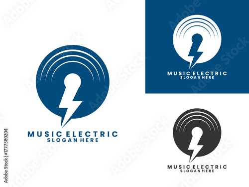 Electric music logo design icon. Vinyl with lightning logo design vector template