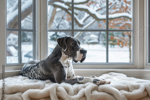 Great Dane dog relaxing on a cozy window seat with snow-covered landscape outside
