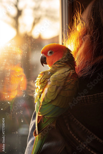 Colorful parrot perched on shoulder of a person, illuminated by warm sunlight through window