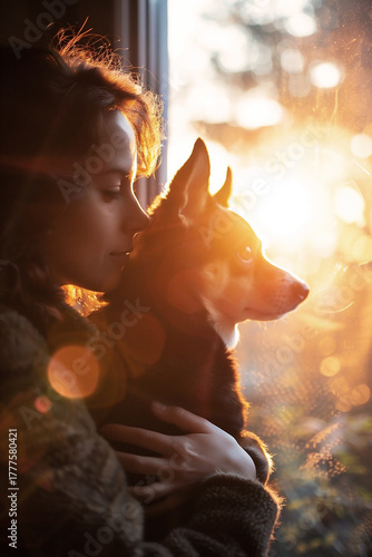 Woman holding a dog while gazing out the window during a beautiful sunset with warm light