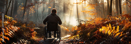 Individual in wheelchair navigating a serene forest path surrounded by autumn foliage