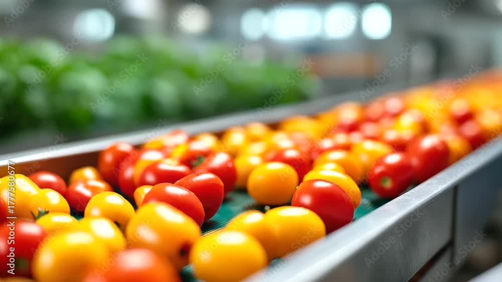 Vibrant tomatoes and peppers sorted on a factory belt, industrial efficiency in food processing, supply chain dynamics in vegetable sorting, manufacturing innovation in quality con