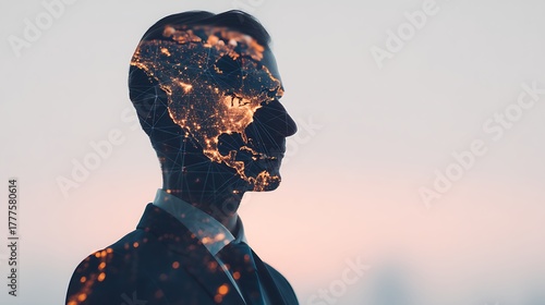 A silhouette of a man wears a business suit, with a digital world map overlay, symbolizing global connectivity and the intersection of technology and humanity.