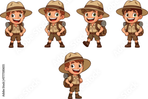 Cartoon scout boy character set, cute explorer illustrations, playful outdoor clipart, kids vector design, whimsical camping icons, stylized adventure graphics