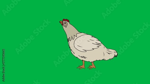 Graceful 2D animated cartoon white chicken struts smoothly on a green screen chromakey background, perfect for farm-themed animations, children�s media, or isolated animal movements in video editing