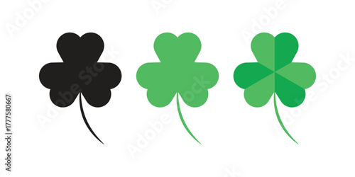 Three-Leaf Clover Icons in Black and Green Stylized Vector Set