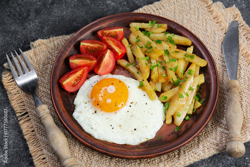 Homemade morning breakfast with fried egg, crispy potato and fresh tomatoes