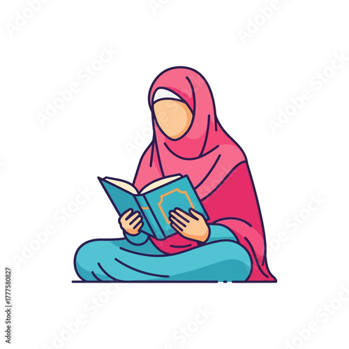 Muslim woman reading quran while sitting on the floor in a peaceful room, showcasing devotion and tranquility.