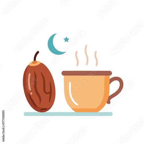 Date and hot drink sit beside crescent moon and star, symbolizing iftar meal during Ramadan in a simple, peaceful depiction.