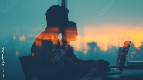 A silhouette of two individuals working on laptops, with a city skyline and sunset reflection, creating a serene and focused atmosphere.