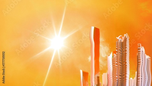 Orange sky with melting high-rise buildings and shining sun. Heat wave concept. Extreme weather. Impact of global warming