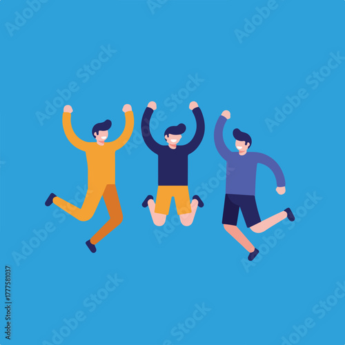 Three joyful people jumping in the air on a blue background. Suitable for advertising, lifestyle, and wellness content.