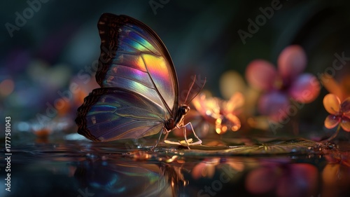 Ethereal butterfly on dewy blooms at dusk. AI image