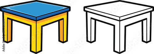 Cartoon square table illustration set, colorful and outline versions with four legs and blue top, home and school theme, vector clipart