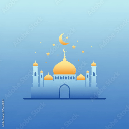 Mosque stands peacefully against a gradient blue backdrop, adorned with a crescent moon and stars, creating a serene and spiritual atmosphere.