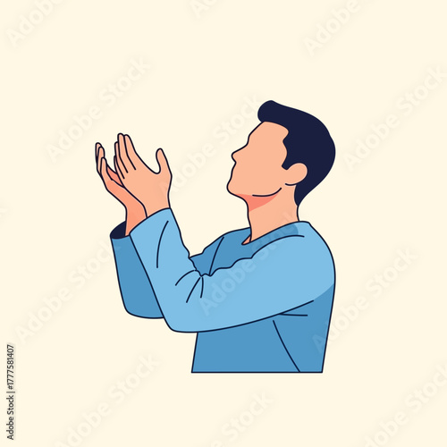 Man praying with hands raised towards the sky in peaceful contemplation, seeking guidance and blessings in a moment of spiritual connection.