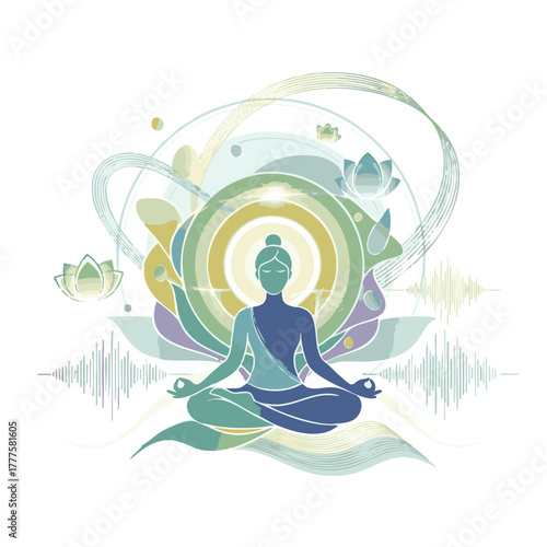Meditation and sound healing vector icon. Yoga lotus pose with abstract energy waves and lotus flowers.