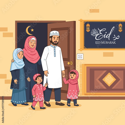 Muslim family visiting relatives during Eid celebration at home with traditional clothing and festive atmosphere.