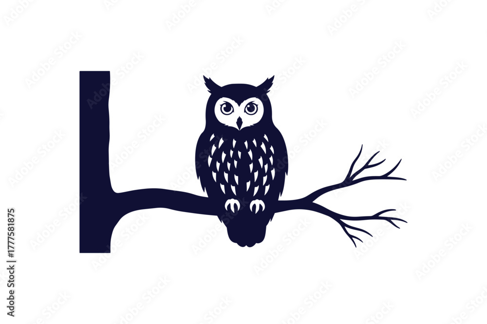 Fototapeta premium One color silhouette of an owl perched on a tree branch