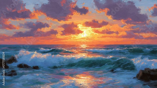 Vibrant ocean sunset with dramatic clouds. AI image