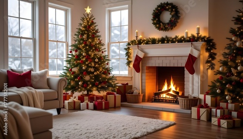 Salon d'une maison décorée pour noel