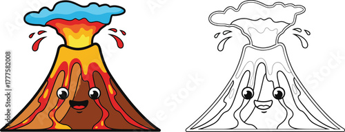Cartoon volcano character illustration set, colorful and outline versions with erupting lava, smoke cloud, and smiling face, nature theme, vector clipart