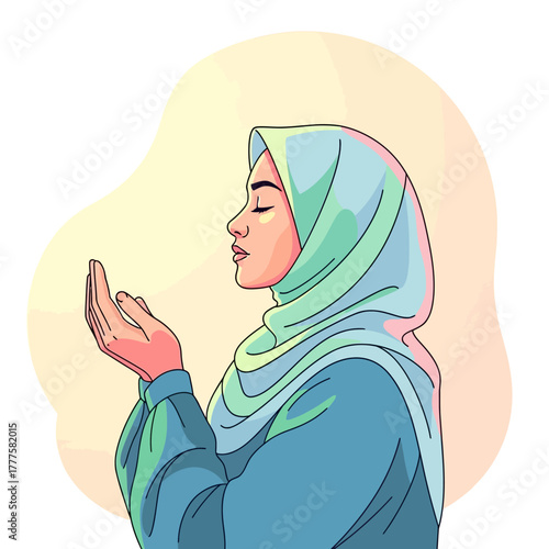 Muslim woman praying with hands raised towards the sky in peaceful contemplation, seeking guidance and blessings during a moment of spiritual connection.