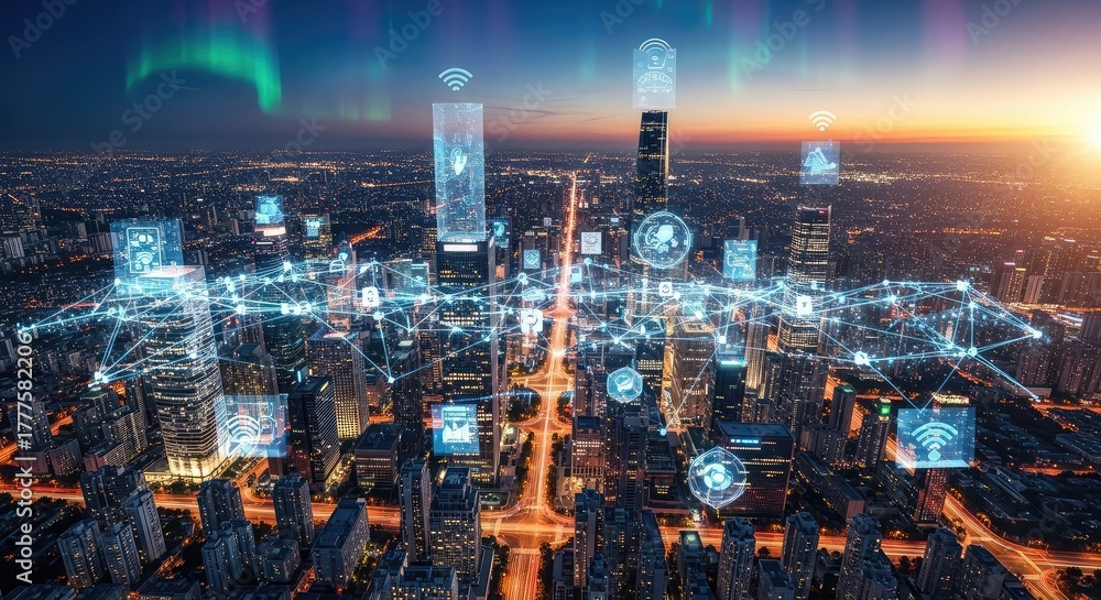 Fototapeta premium Experience the future of smart city technology with connected devices and high-speed internet access across a vibrant urban cityscape at dusk with stunning aurora