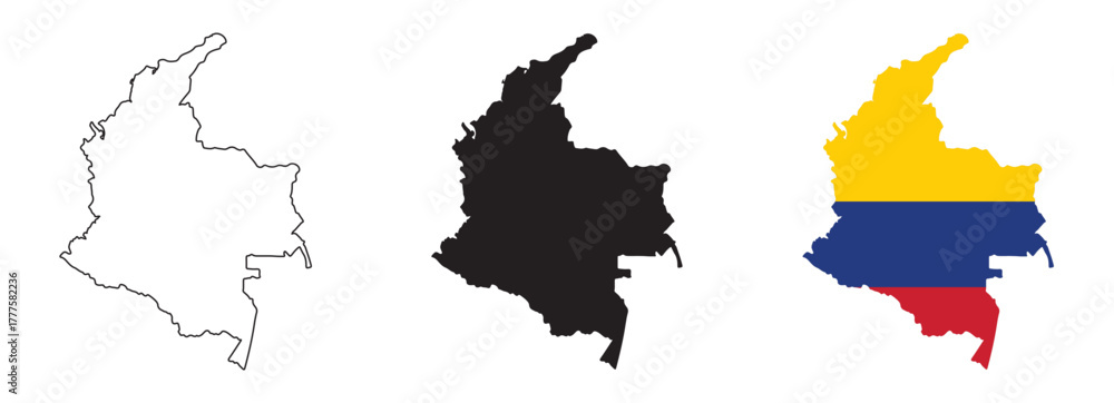 Obraz premium Colombia map vector set with editable country outline black silhouette and national flag design featuring yellow blue and red horizontal stripes isolated on white background for geography