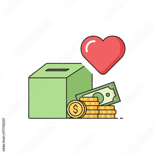 Donation box with heart symbol and stack of coins and dollar bills represents charity and giving in a simple and meaningful way, conveying generosity and support.