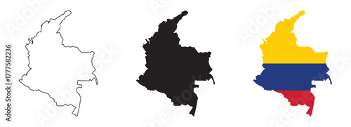 Colombia map vector set with editable country outline black silhouette and national flag design featuring yellow blue and red horizontal stripes isolated on white background for geography
