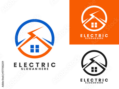 Electricity with house and solar panels logo design vector template. Home electric green energy logo design