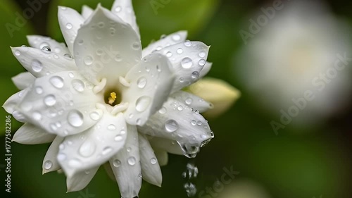 This exquisite close-up video showcases a delicate white blossom adorned with glistening water droplets. Each pristine petal softly reflects ambient light, creating a serene and pure visual aesthetic.