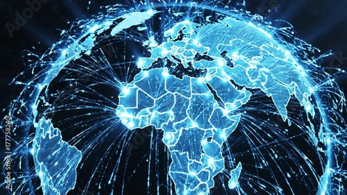 Digital globe representation showcasing vibrant blue lines of connectivity across continents, emphasizing global technology, data flow, and communication networks in unified world