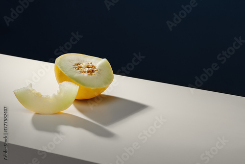 A slice of ripe melon on a white table. Dark background.