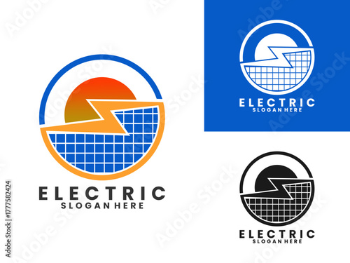 Electricity with circle line and solar panels logo design vector template