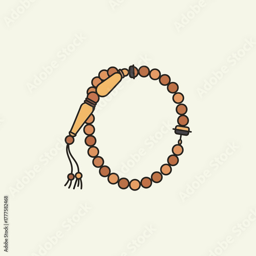 Wooden prayer beads resting on a neutral surface, symbolizing faith and devotion in a simple, minimalist style, evoking peace and spirituality.