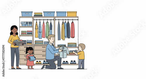 Family closet organization at home with mother, father, son and daughter, folding clothes. Family closet is great activity to keep order and cleanliness, with many shelves and boxes.