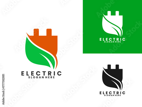 Power plug with leaf logo design vector template. Nature electric logo design icon